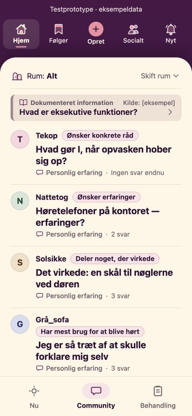 Community-prototypen viser rum, personlige erfaringer og opslag med tydelige hensigter.