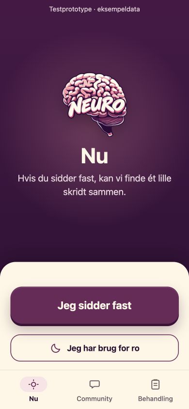 Den eksisterende prototype: Nu-skærmen med knappen Jeg sidder fast.